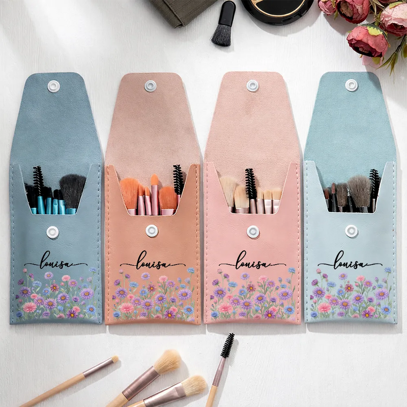 Gift For Yourself,Gift For Women,Gift For Mother,Happy - Birth Month Flower Filed & Name - Personalized Makeup Brush Bag Set