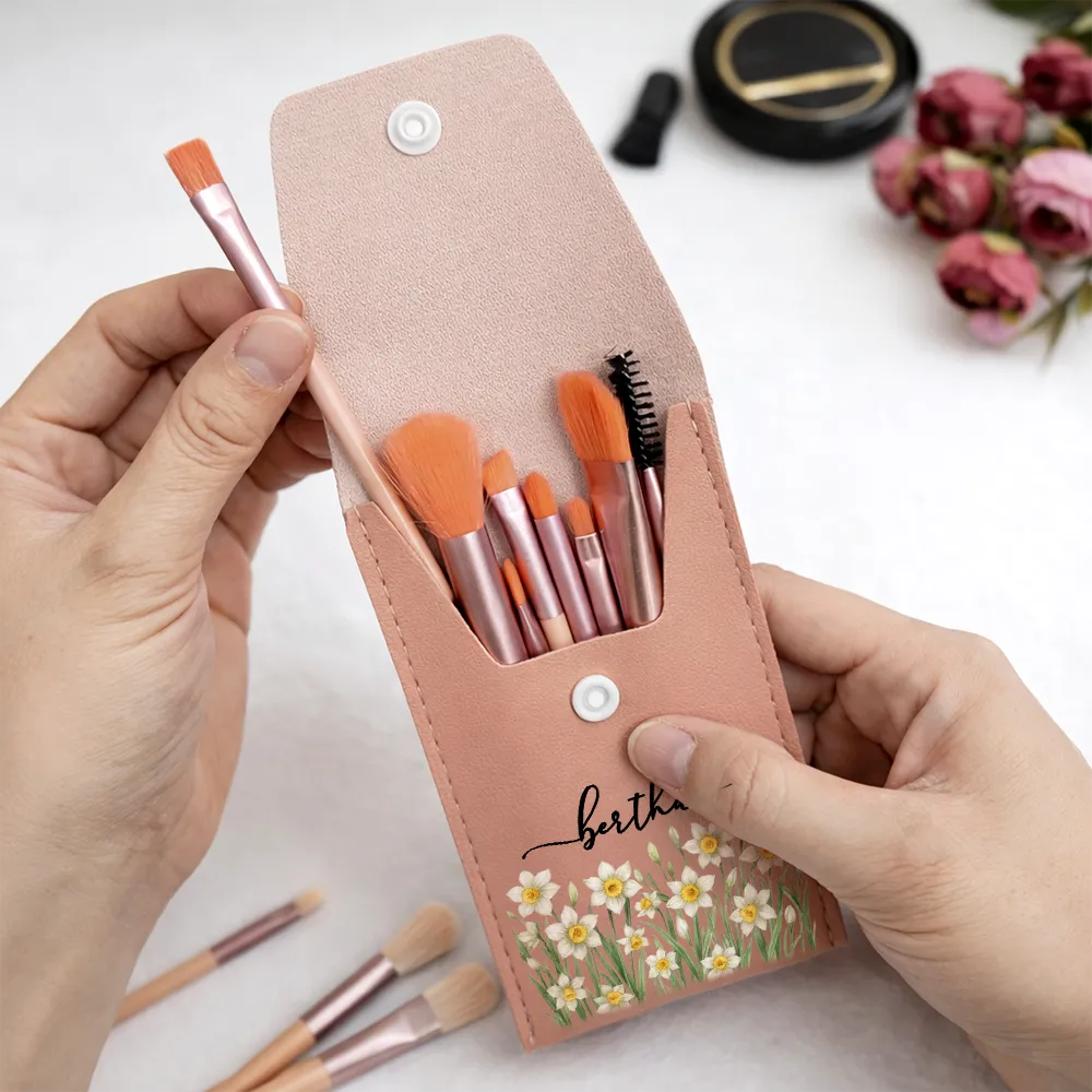 Gift For Yourself,Gift For Women,Gift For Mother,Happy - Birth Month Flower Filed & Name - Personalized Makeup Brush Bag Set