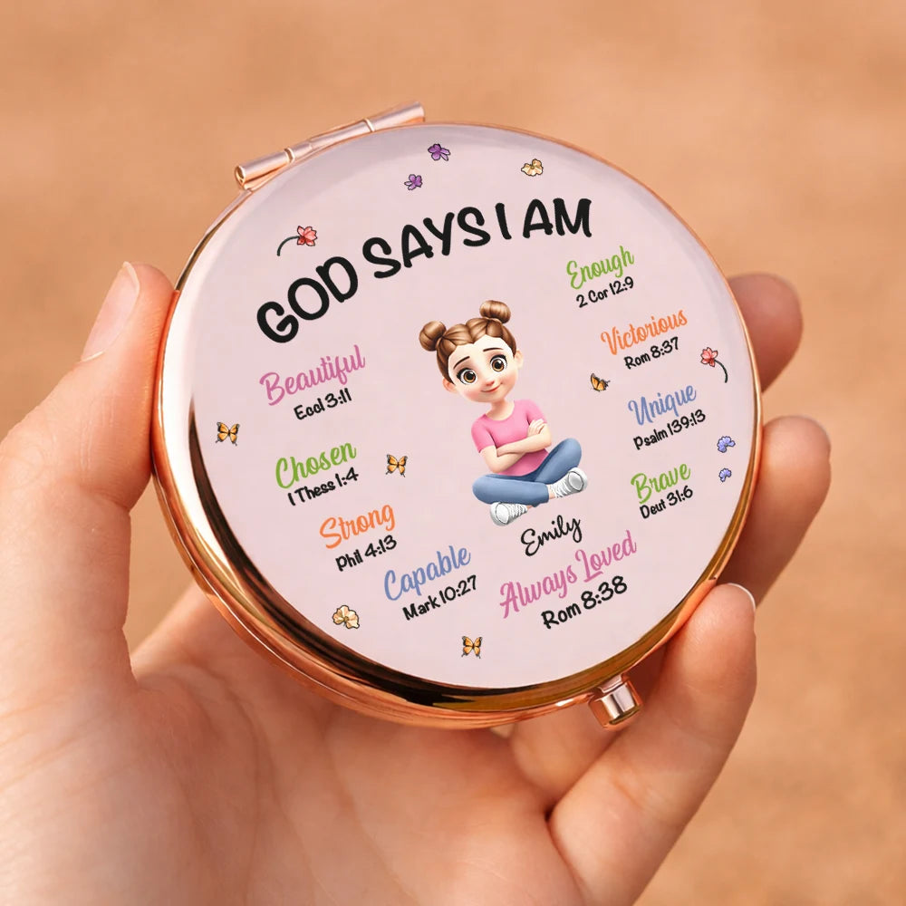 Gift For Women,Christian,Happy - Birth Month Flower God Says I Am - Personalized Compact Mirror