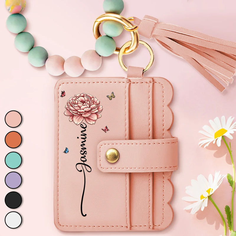 Gift For Yourself,Gift For Women,Happy,Gift For Bestie,Top Market - Birth Month Flower Name - Personalized Keychain Wristlet Leather Wallet