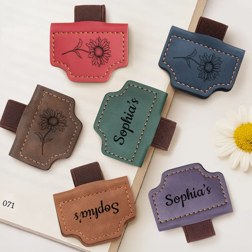 Gift For Yourself,Happy - Birth Month Flower Name Sketch - Personalized Magnetic Leather Pen Clip