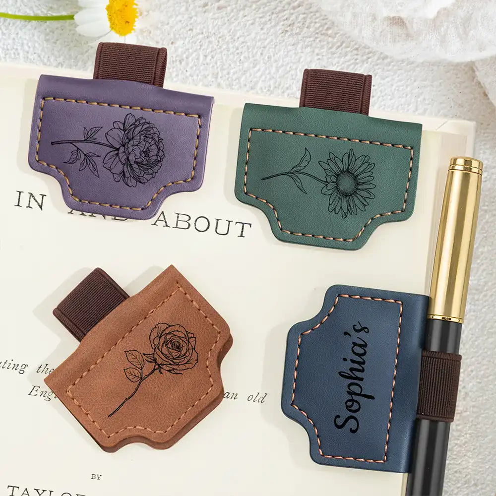 Birth Month Flower Name Sketch - Personalized Magnetic Leather Pen Clip