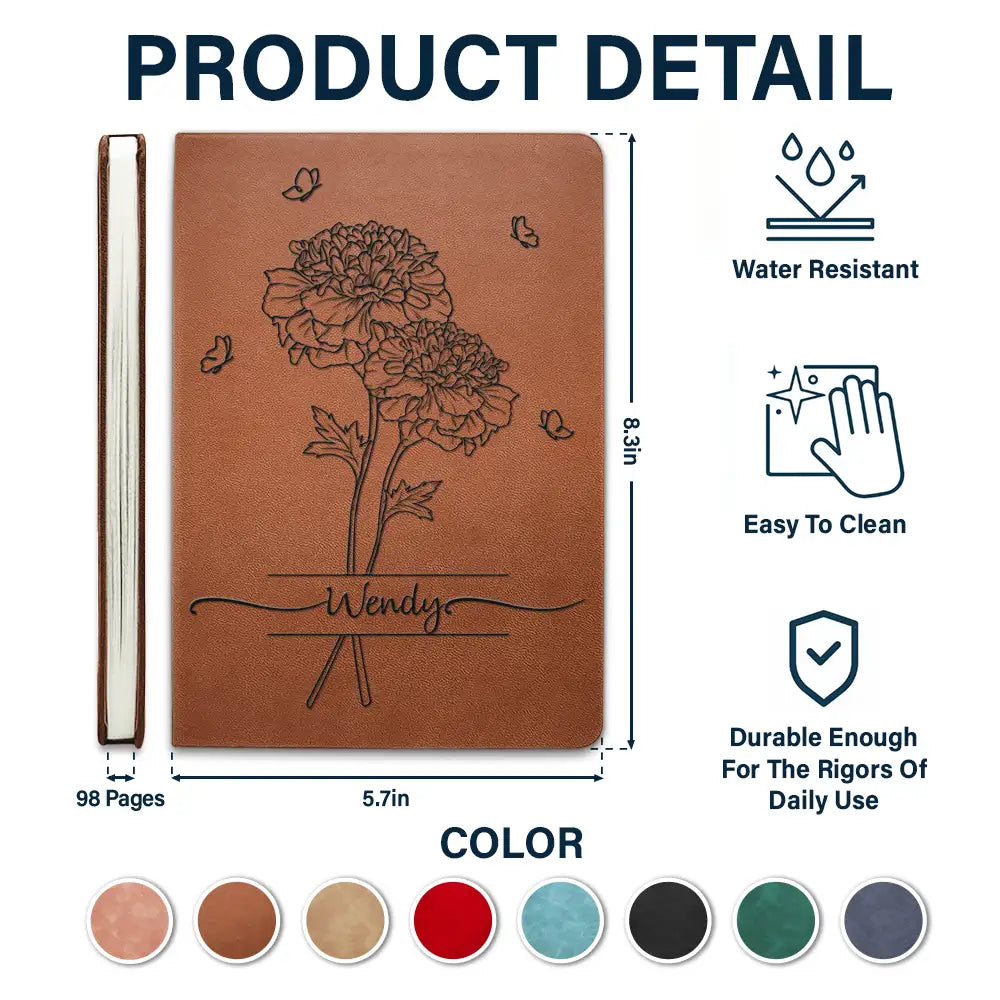 Gift For Yourself,Gift For Women - Birth Month Flower Sketch With Custom Name - Personalized Leather Journal