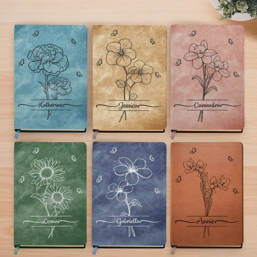 Birth Month Flower Sketch With Custom Name - Personalized Leather Journal