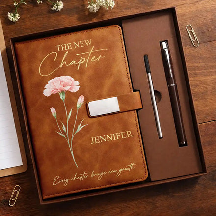 Birth Month Flower The New Chapter - Personalized Leather Notebook Set