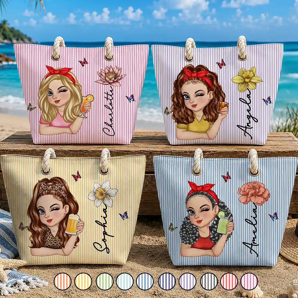 Birth Month Flower Turban Woman Stripe Pattern - Personalized Beach Bag