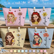 Gift For Yourself,Gift For Women,Beach,Summer,Playful,Vector - Birth Month Flower Turban Woman Stripe Pattern - Personalized Beach Bag