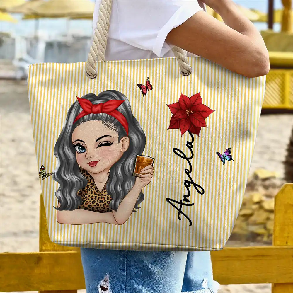 Gift For Yourself,Gift For Women,Beach,Summer,Playful,Vector - Birth Month Flower Turban Woman Stripe Pattern - Personalized Beach Bag