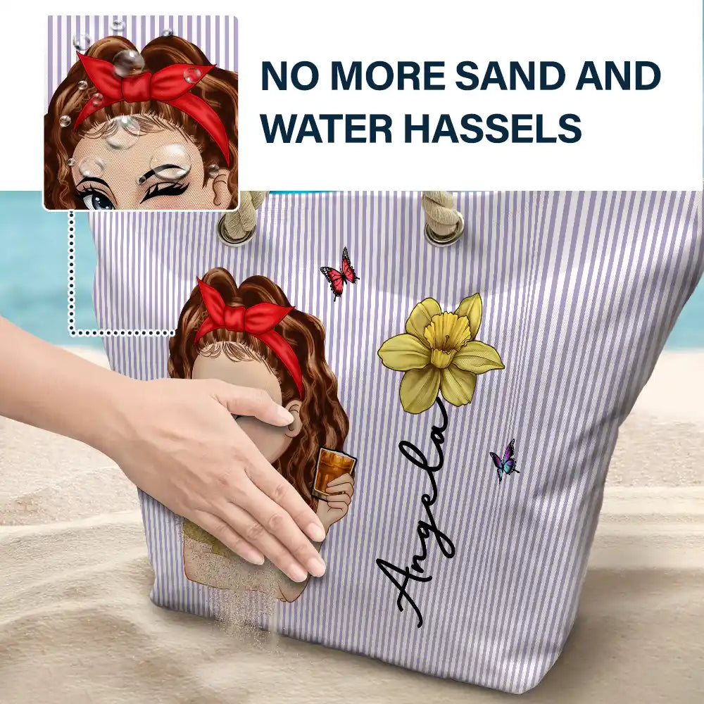 Gift For Yourself,Gift For Women,Beach,Summer,Playful,Vector - Birth Month Flower Turban Woman Stripe Pattern - Personalized Beach Bag