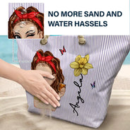 Gift For Yourself,Gift For Women,Beach,Summer,Playful,Vector - Birth Month Flower Turban Woman Stripe Pattern - Personalized Beach Bag