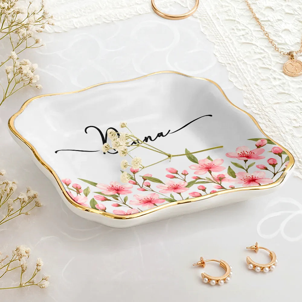 Gift For Yourself, Happy, Gift For Women - Birth Month Flower Watercolor Blooming In Love - Personalized Lace Square Jewelry Dish