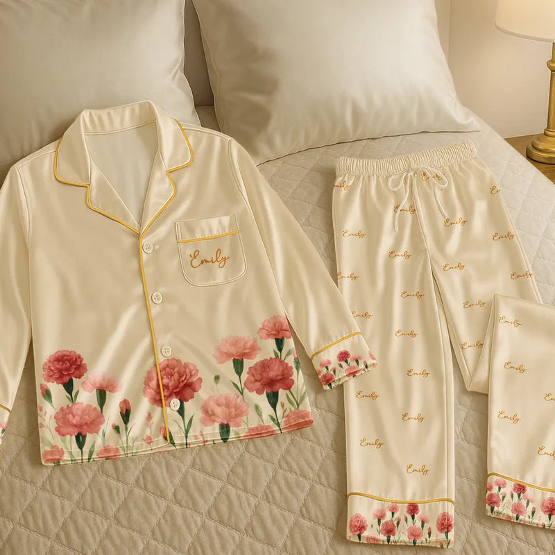 Gift For Yourself,Gift For Women,Happy - Birth Month Flower Watercolor Blooming In Love - Personalized Satin Pajama Set
