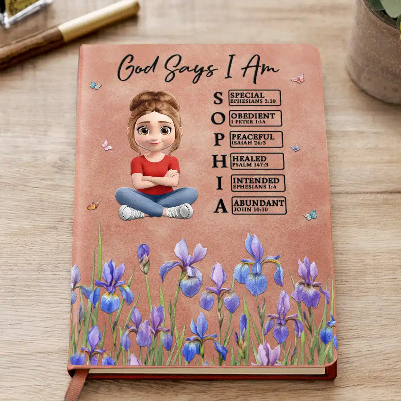 Gift For Yourself, Gift For Women, Happy - Birth Month Flower Watercolor God Says I Am - Personalized Leather Journal