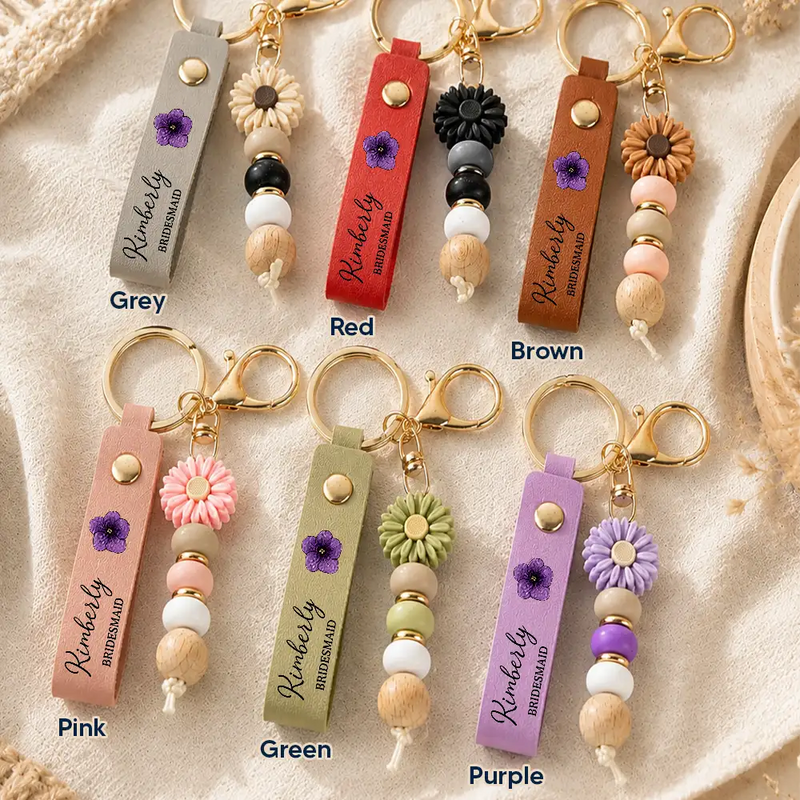 Sentimental,Wedding,Icon - Birth Month Flower Wedding Gifts - Personalized Leather Beaded Keychain