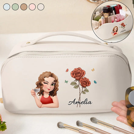 Birth Month Flower With Name Fancy Girl Woman - Personalized Leather Makeup Bag
