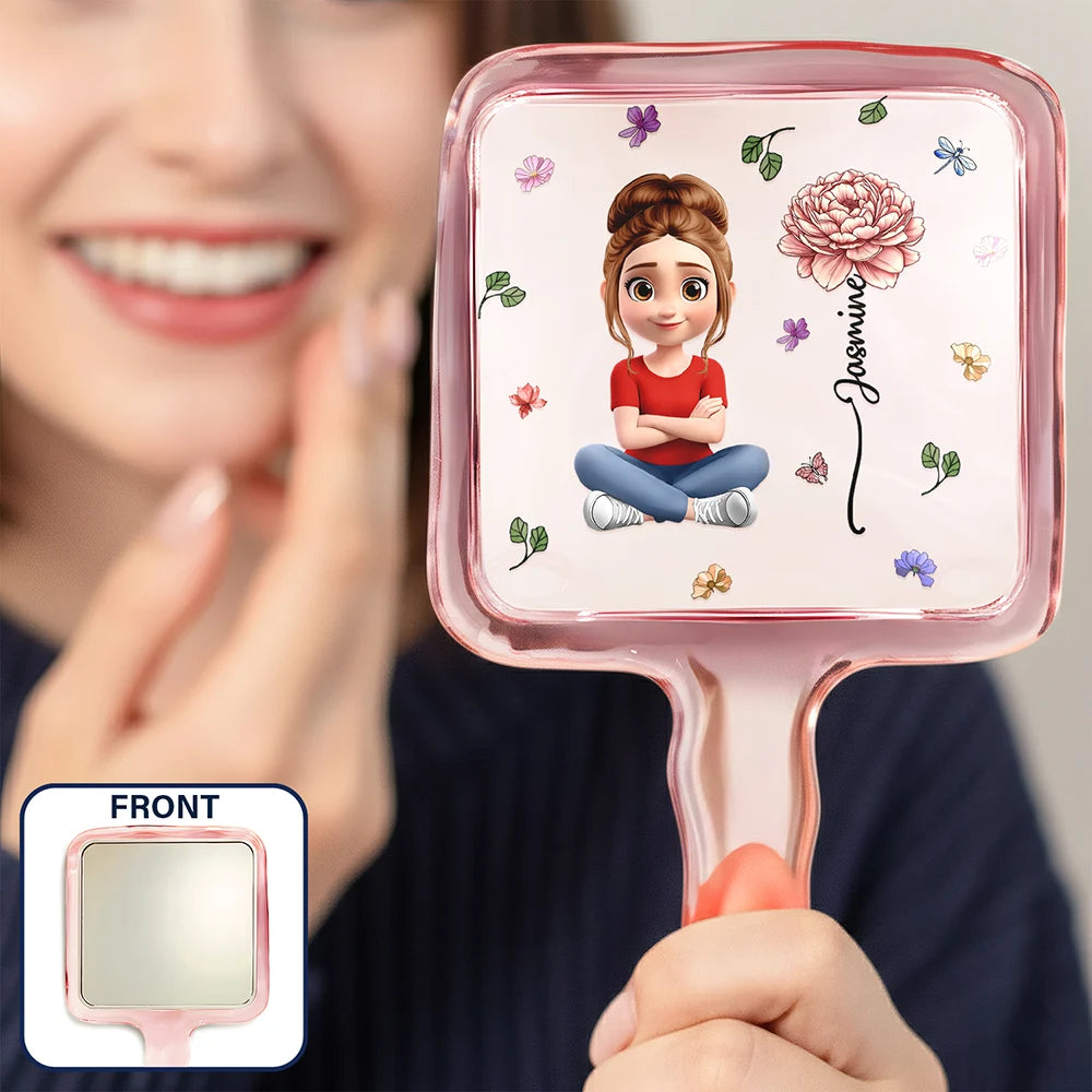 Gift For Yourself,Gift For Women,Happy,Gift For Daughter,Gift For Bestie,Gift For Sisters - Birth Month Flower Woman Kid Girl - Personalized Handheld Mirror