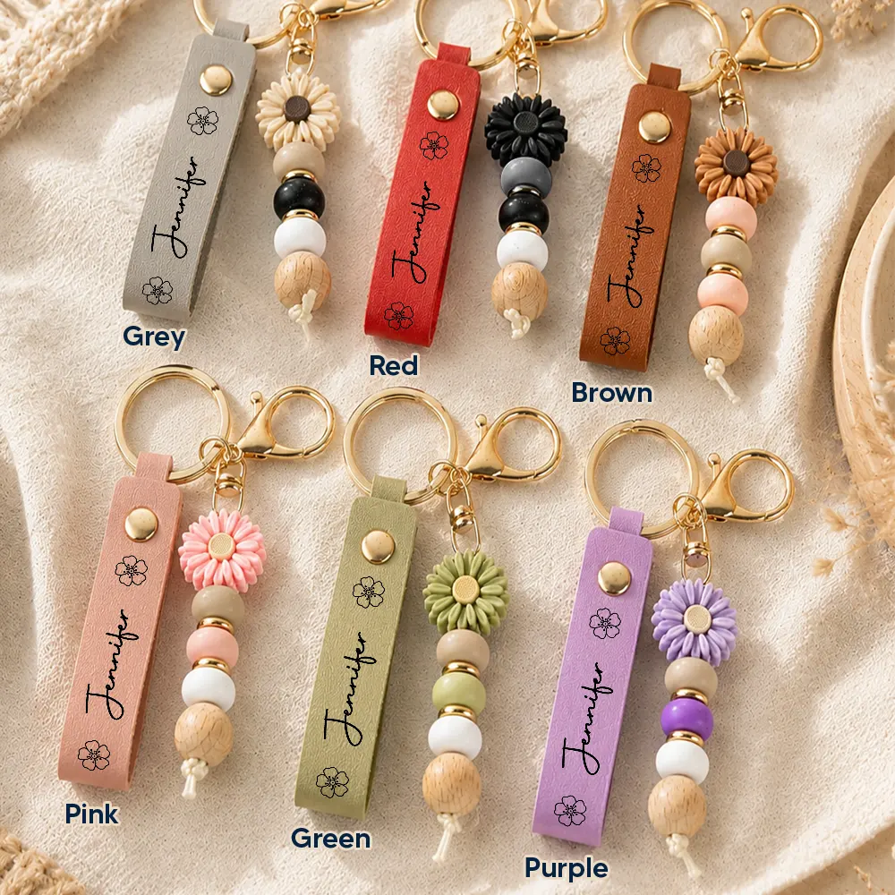 Gift For Yourself, Gift For Women, Adorable, Icon - Birth Month Flower Woman Name - Personalized Leather Beaded Keychain