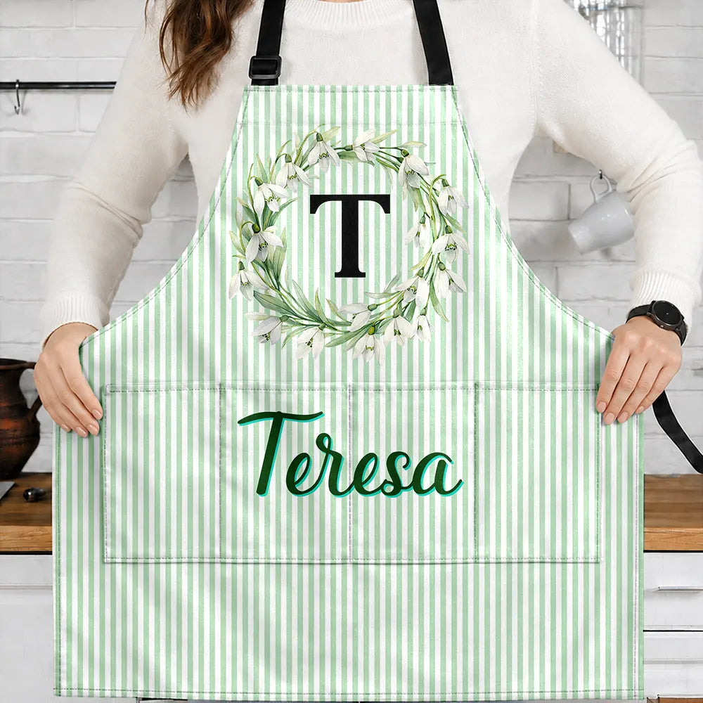 Gift For Yourself,Gift For Women,Icon,Happy - Birth Month Flower Woman Name Striped Pattern - Personalized Apron