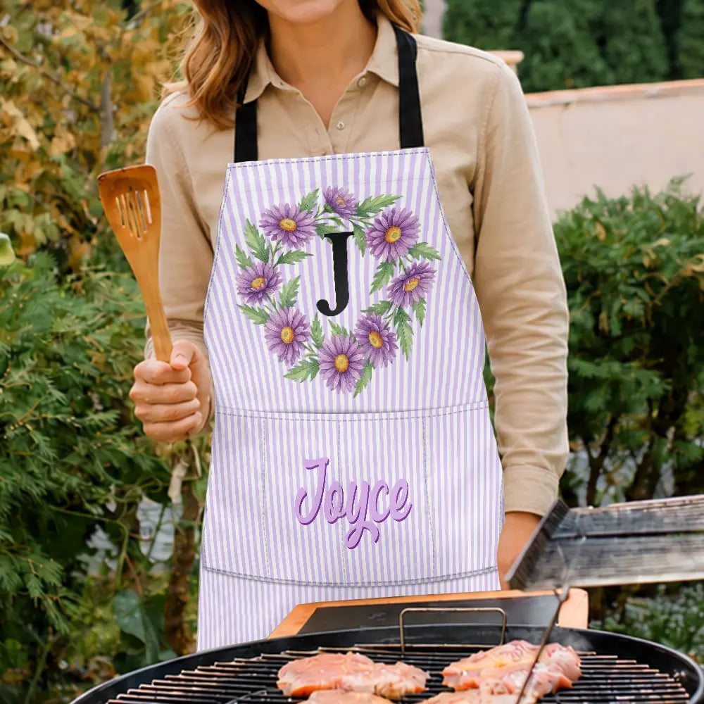 Gift For Yourself,Gift For Women,Icon,Happy - Birth Month Flower Woman Name Striped Pattern - Personalized Apron