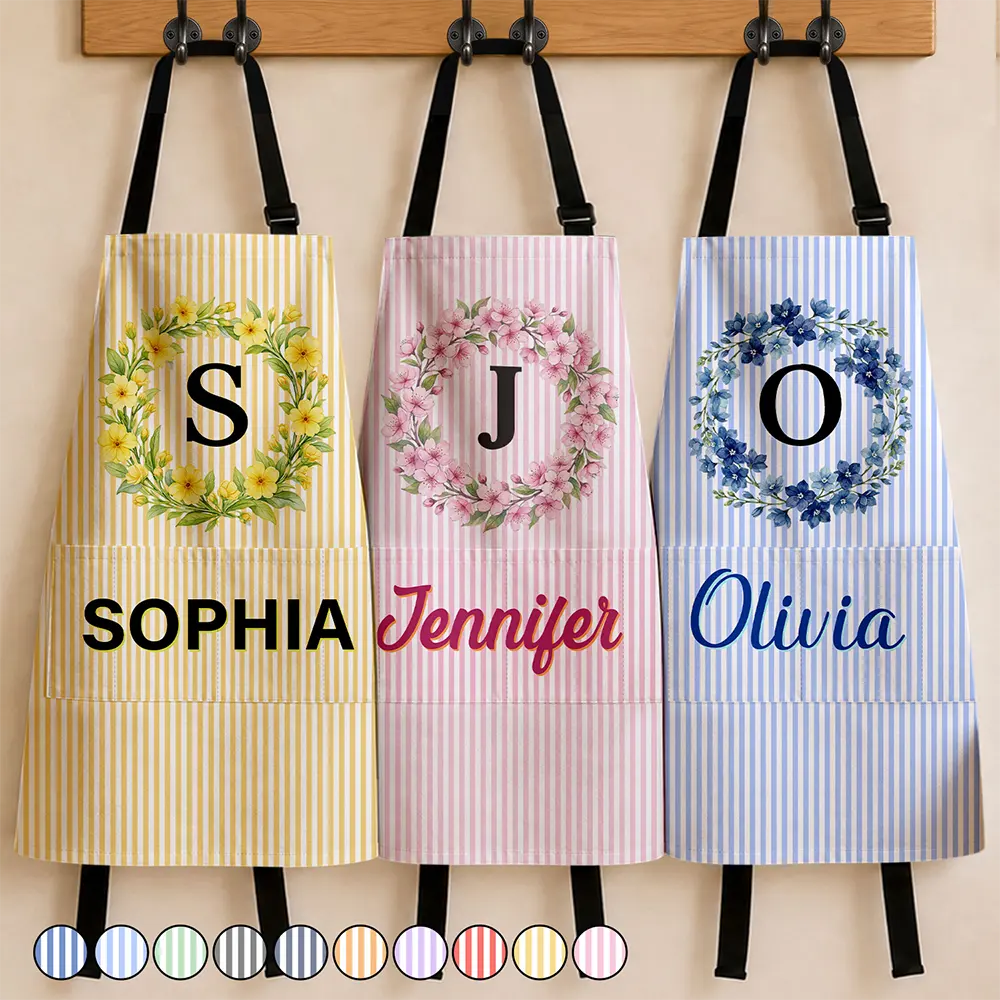 Birth Month Flower Woman Name Striped Pattern - Personalized Apron