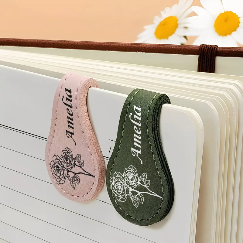 Gift For Yourself, Gift For Women, Reading, Happy - Birth Month Flower & Name - Personalized Circle Leather Magnetic Bookmark