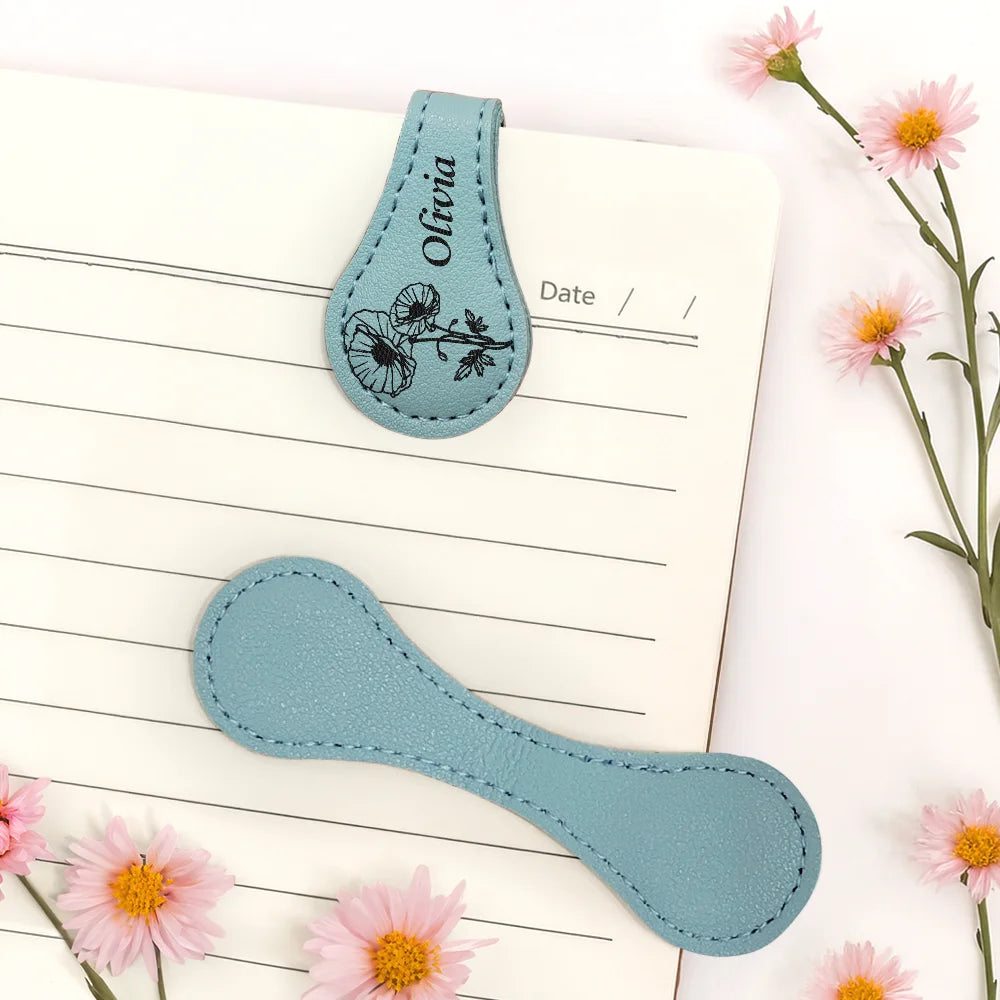 Gift For Yourself, Gift For Women, Reading, Happy - Birth Month Flower & Name - Personalized Circle Leather Magnetic Bookmark