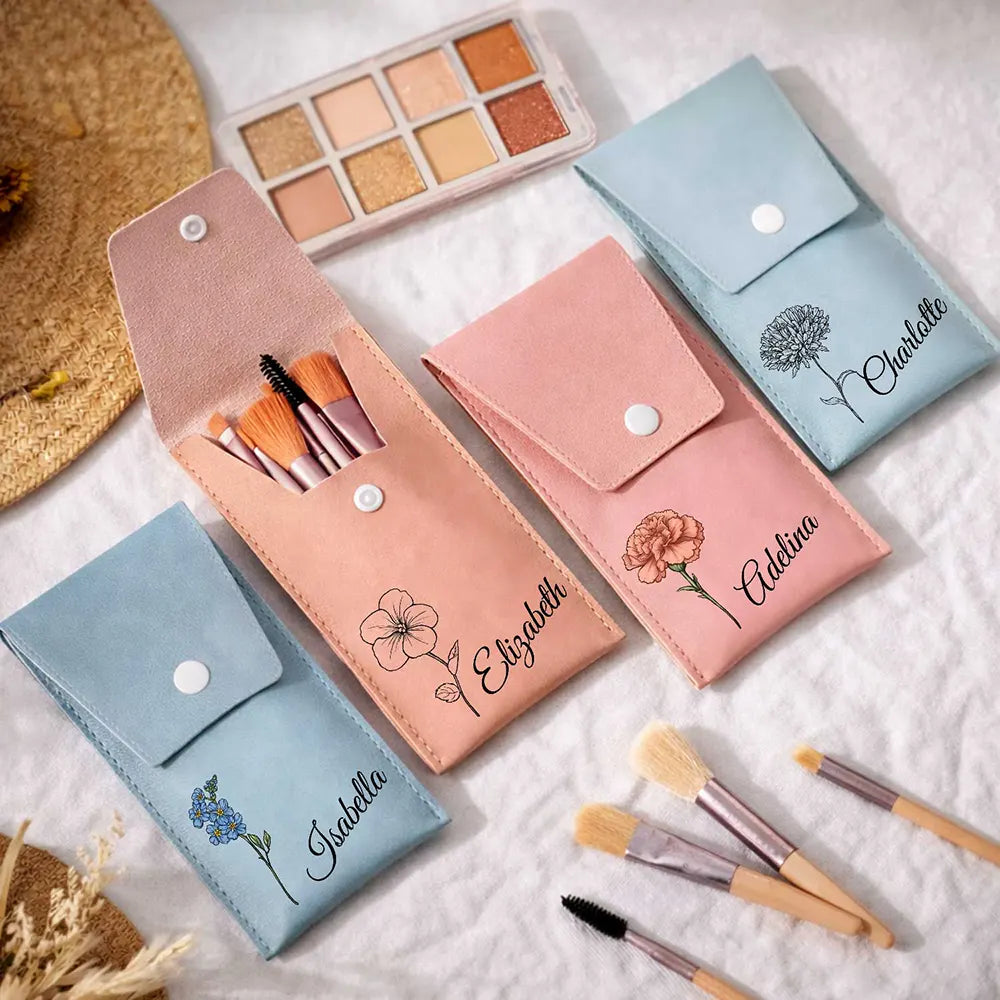 Birth Month Flower & Name - Personalized Makeup Brush Bag Set