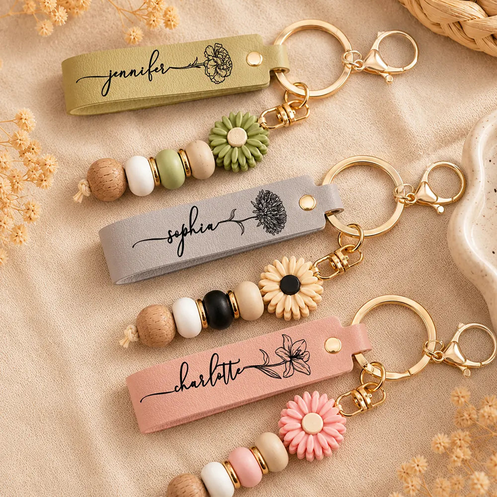 Top Market, Gift For Yourself, Adorable, Icon - Birth Month Flowers Sketch Bloom Where You're Planted - Personalized Leather Beaded Keychain