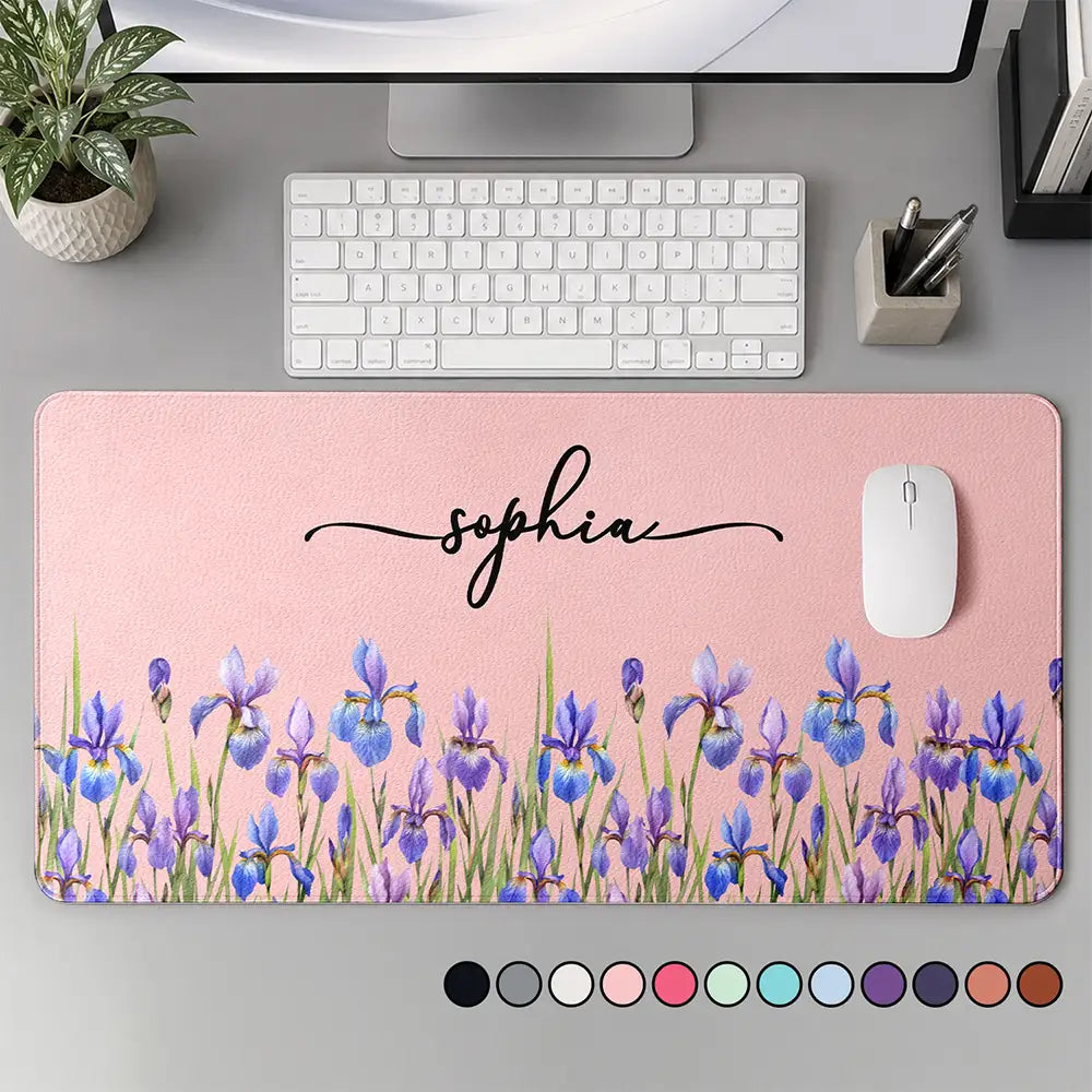 Birth Flower And Name - Personalized Leather Desk Mat