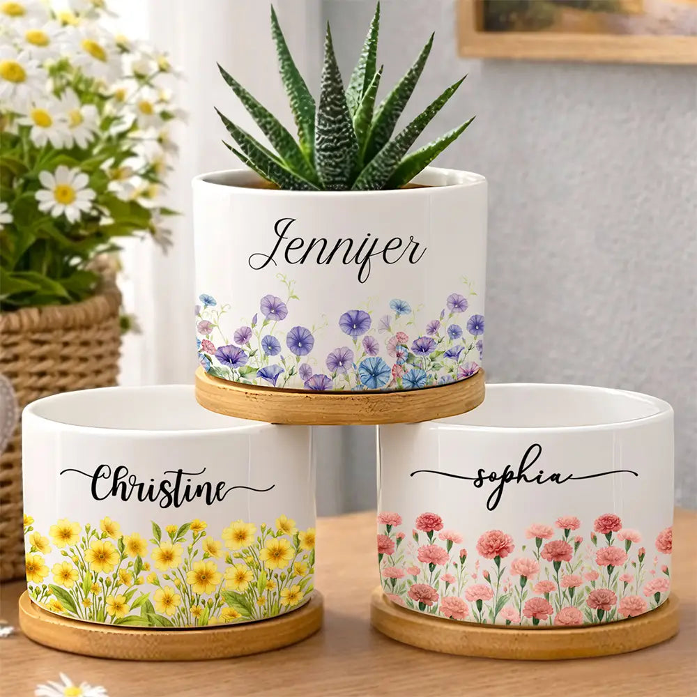 Birth Month Flower Watercolor Blooming In Love - Personalized Plant Pot