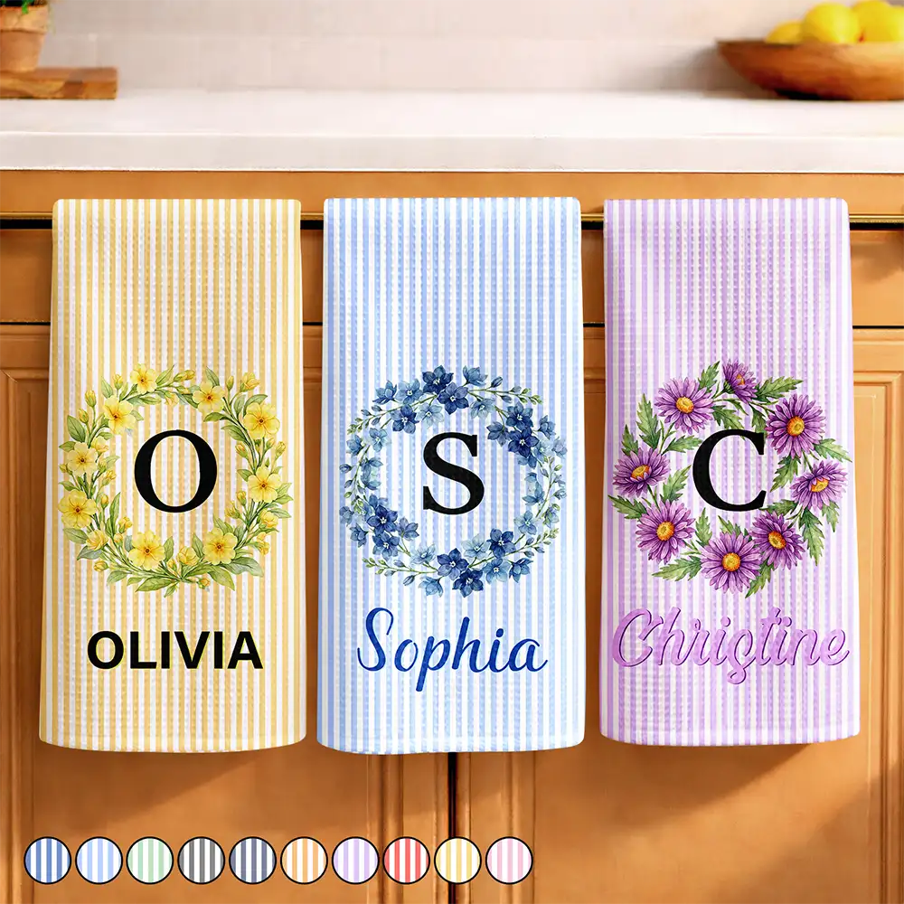 Gift For Yourself,Gift For Women,Icon,Happy - Birth Month Flower Woman Name Striped Pattern - Personalized Kitchen Towel