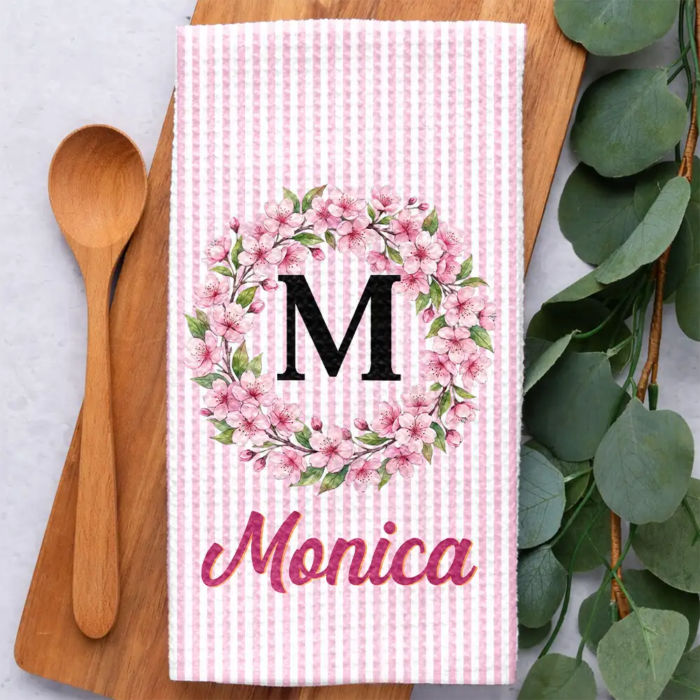 Gift For Yourself,Gift For Women,Icon,Happy - Birth Month Flower Woman Name Striped Pattern - Personalized Kitchen Towel