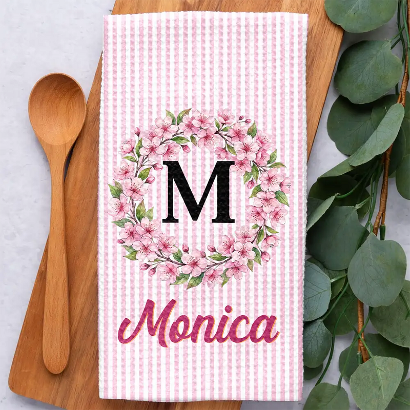 Gift For Yourself,Gift For Women,Icon,Happy - Birth Month Flower Woman Name Striped Pattern - Personalized Kitchen Towel