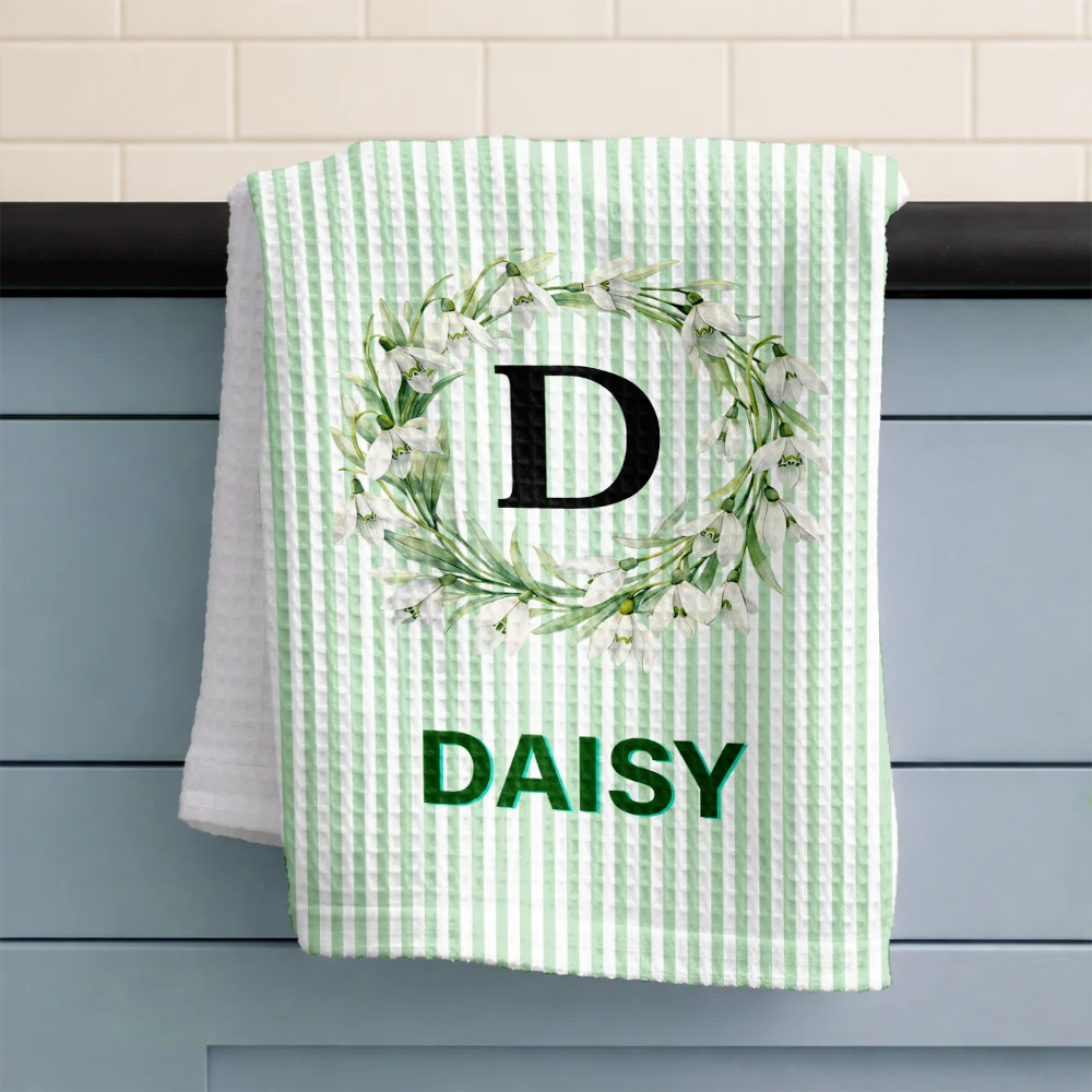 Gift For Yourself,Gift For Women,Icon,Happy - Birth Month Flower Woman Name Striped Pattern - Personalized Kitchen Towel