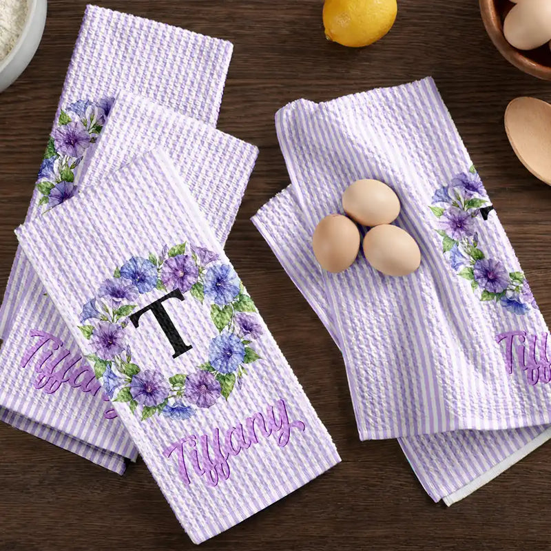 Gift For Yourself,Gift For Women,Icon,Happy - Birth Month Flower Woman Name Striped Pattern - Personalized Kitchen Towel