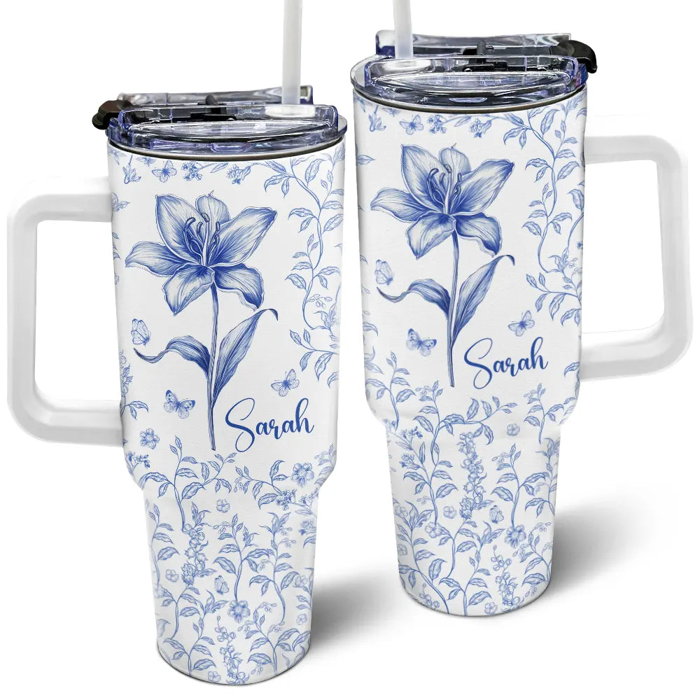 Bloom Where You're Planted Toile Birth Flower - Personalized 40oz Tumbler With Straw