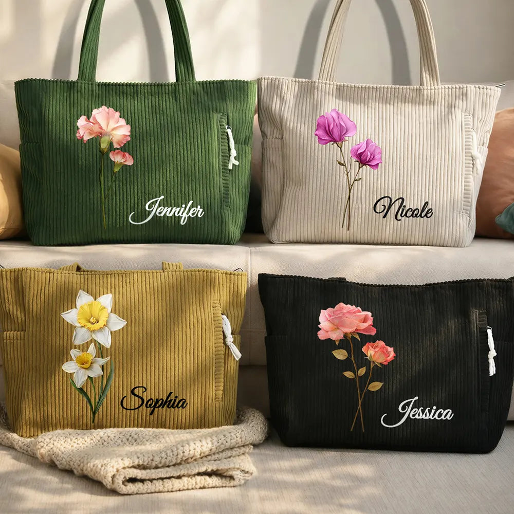 Blooming In Love Faux Pressed Birth Flower - Personalized Corduroy Tote Bag