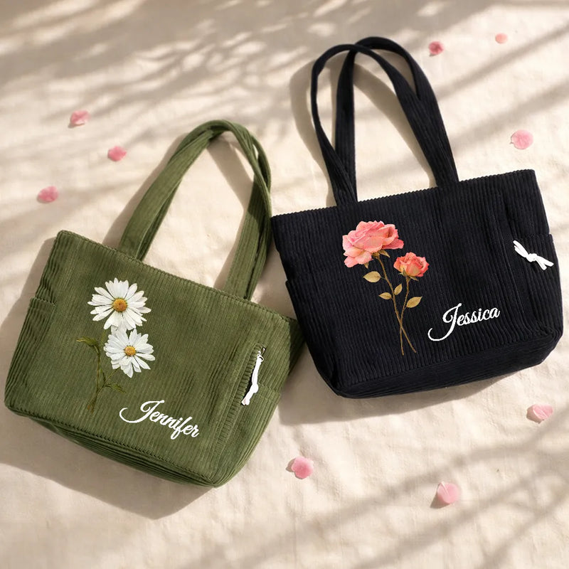 Happy,Gift For Wife,Gift For Girlfriend,Gift For Yourself,Gift For Women,Gift For Aunt,Gift For Mother,Gift For Grandma,Gift For Daughter,Gift For Sisters,Gift For Bestie - Blooming In Love Faux Pressed Birth Flower - Personalized Corduroy Tote Bag