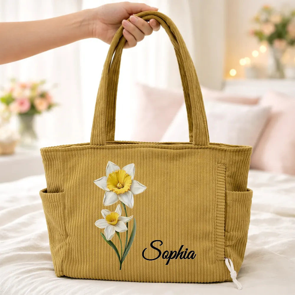 Happy,Gift For Wife,Gift For Girlfriend,Gift For Yourself,Gift For Women,Gift For Aunt,Gift For Mother,Gift For Grandma,Gift For Daughter,Gift For Sisters,Gift For Bestie - Blooming In Love Faux Pressed Birth Flower - Personalized Corduroy Tote Bag