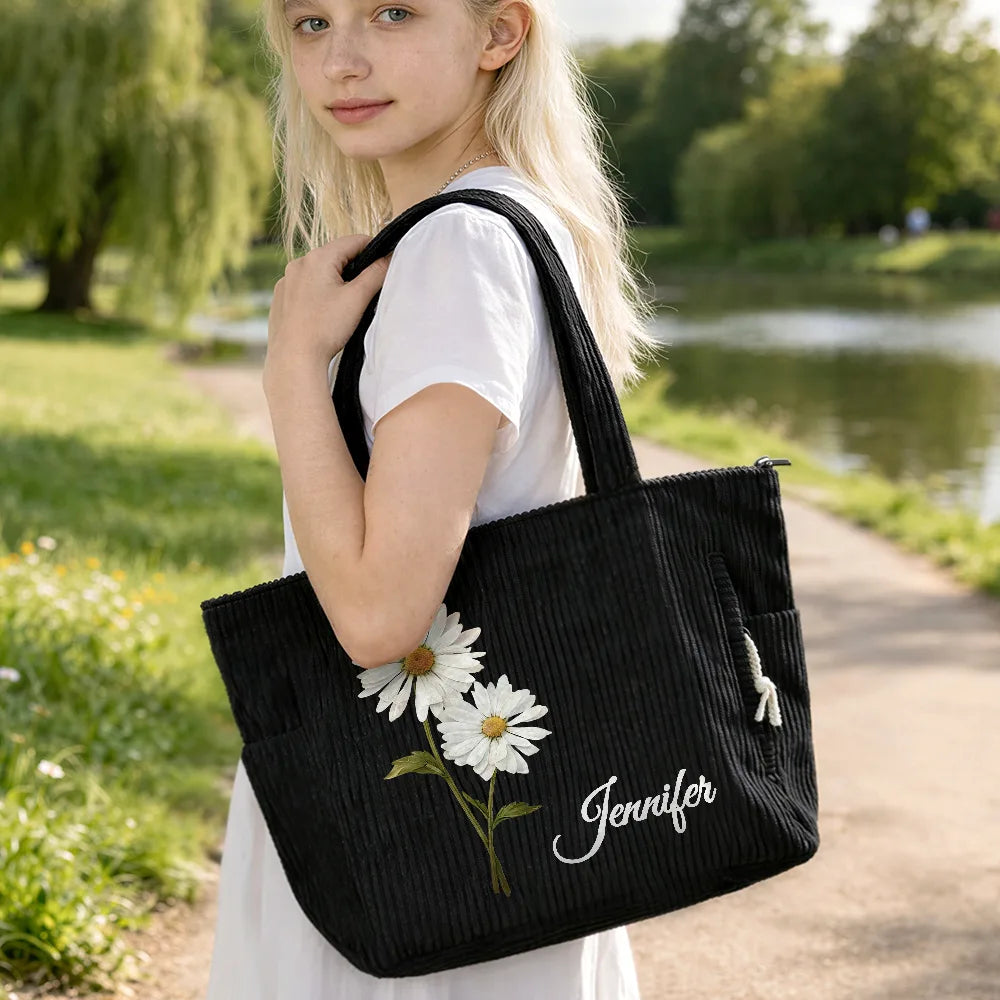 Happy,Gift For Wife,Gift For Girlfriend,Gift For Yourself,Gift For Women,Gift For Aunt,Gift For Mother,Gift For Grandma,Gift For Daughter,Gift For Sisters,Gift For Bestie - Blooming In Love Faux Pressed Birth Flower - Personalized Corduroy Tote Bag