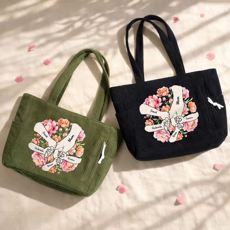 Happy,Gift For Wife,Gift For Yourself,Gift For Women,Gift For Mother,Gift For Grandma - Blooming In Mom's Grandma’s Hands - Personalized Corduroy Tote Bag