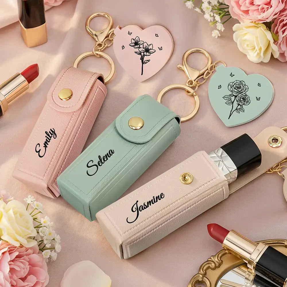 Blooming With Birth Month Flower - Personalized Leather Lipstick Case Keychain With Mirror