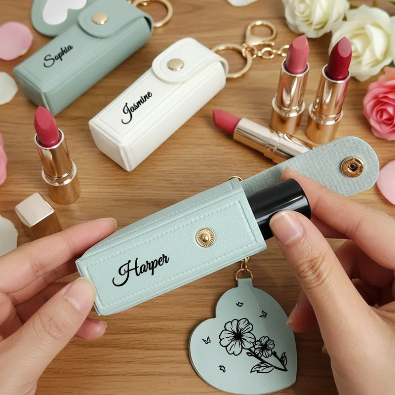 Leather Lipstick Case Keychain With Mirror - Blooming With Birth Month Flower - Personalized Leather Lipstick Case Keychain With Mirror