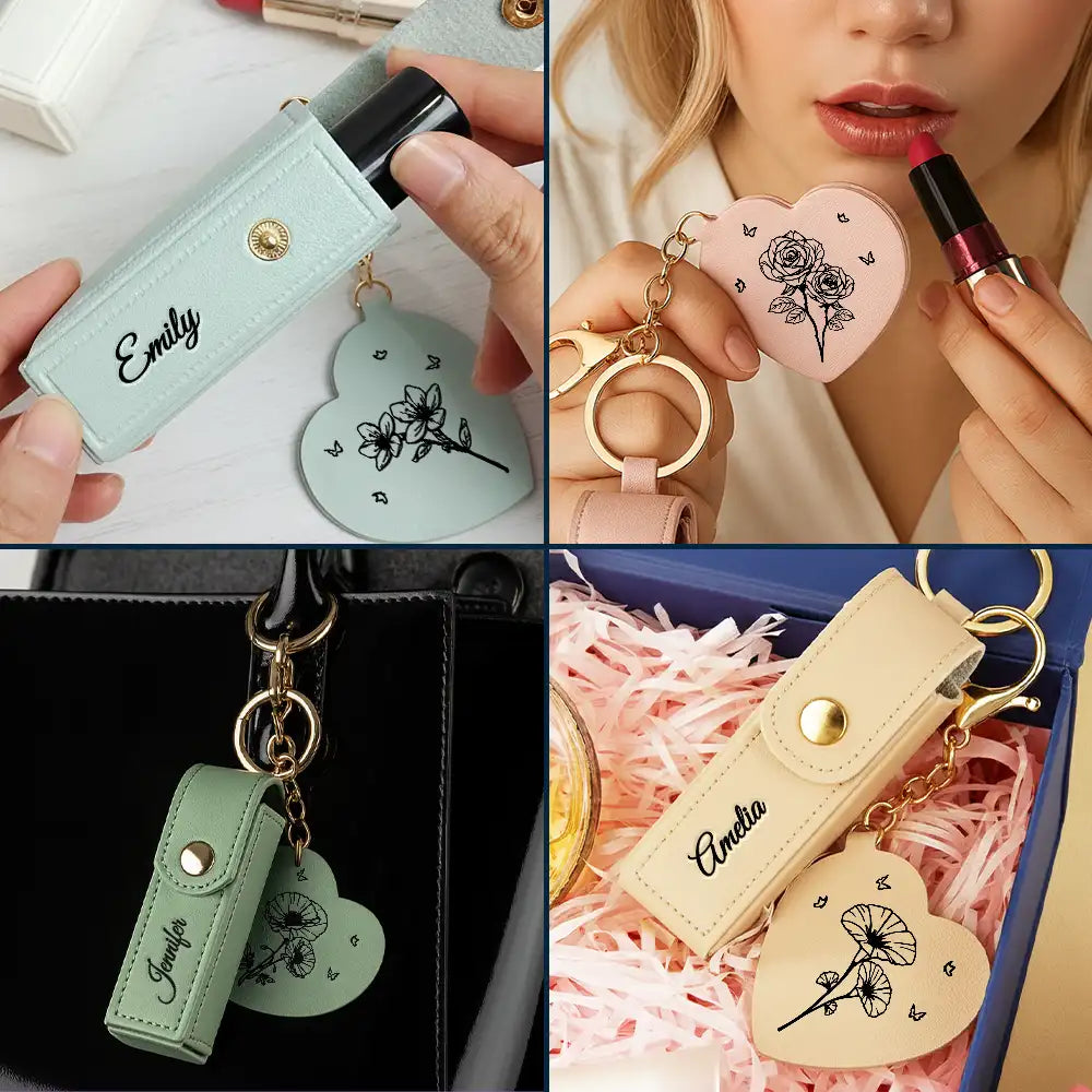 Leather Lipstick Case Keychain With Mirror - Blooming With Birth Month Flower - Personalized Leather Lipstick Case Keychain With Mirror