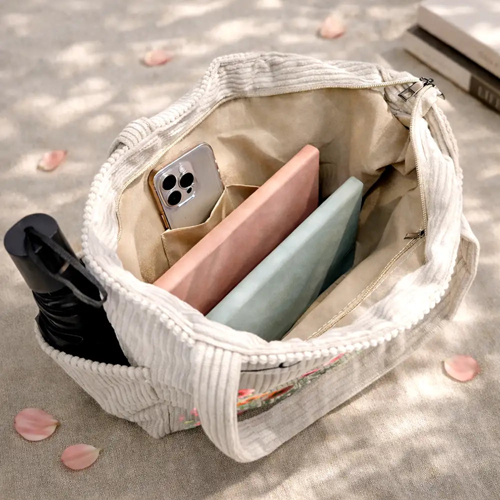 Happy,Gift For Wife,Gift For Girlfriend,Gift For Yourself,Gift For Women,Gift For Aunt,Gift For Mother,Gift For Grandma,Gift For Daughter,Gift For Sisters,Gift For Bestie - Blooms With Love - Personalized Corduroy Tote Bag