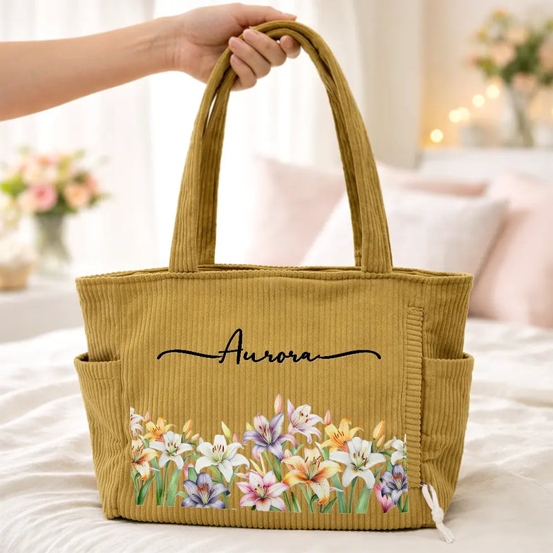 Happy,Gift For Wife,Gift For Girlfriend,Gift For Yourself,Gift For Women,Gift For Aunt,Gift For Mother,Gift For Grandma,Gift For Daughter,Gift For Sisters,Gift For Bestie - Blooms With Love - Personalized Corduroy Tote Bag