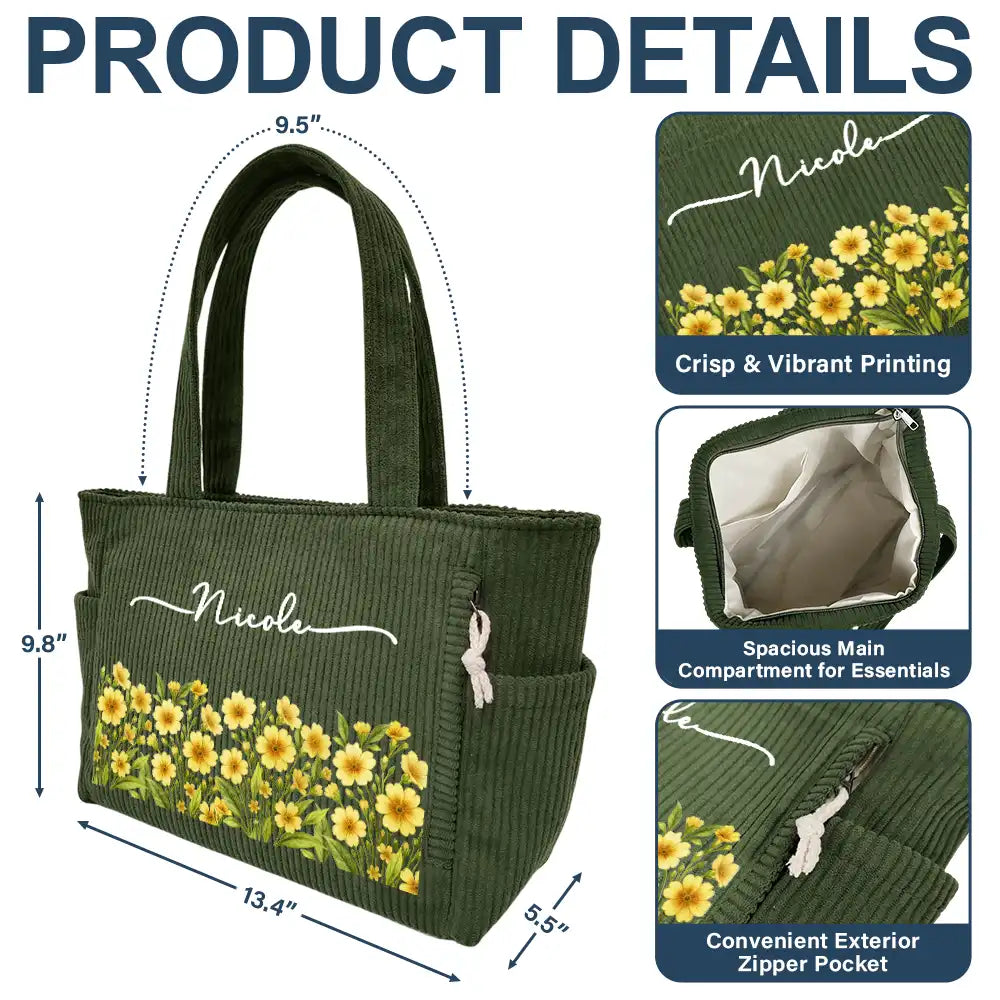 Happy,Gift For Wife,Gift For Girlfriend,Gift For Yourself,Gift For Women,Gift For Aunt,Gift For Mother,Gift For Grandma,Gift For Daughter,Gift For Sisters,Gift For Bestie - Blooms With Love - Personalized Corduroy Tote Bag