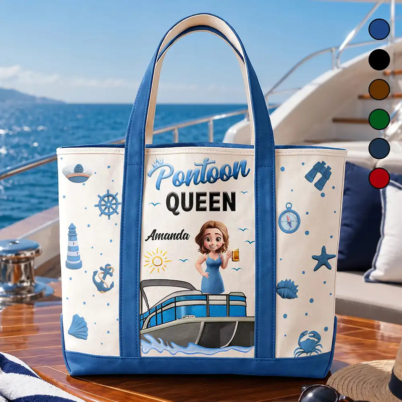 Pontoon,Gift For Yourself,Gift For Women,Vector,Happy - Boating Pontoon Queen - Personalized Fabric Tote Bag