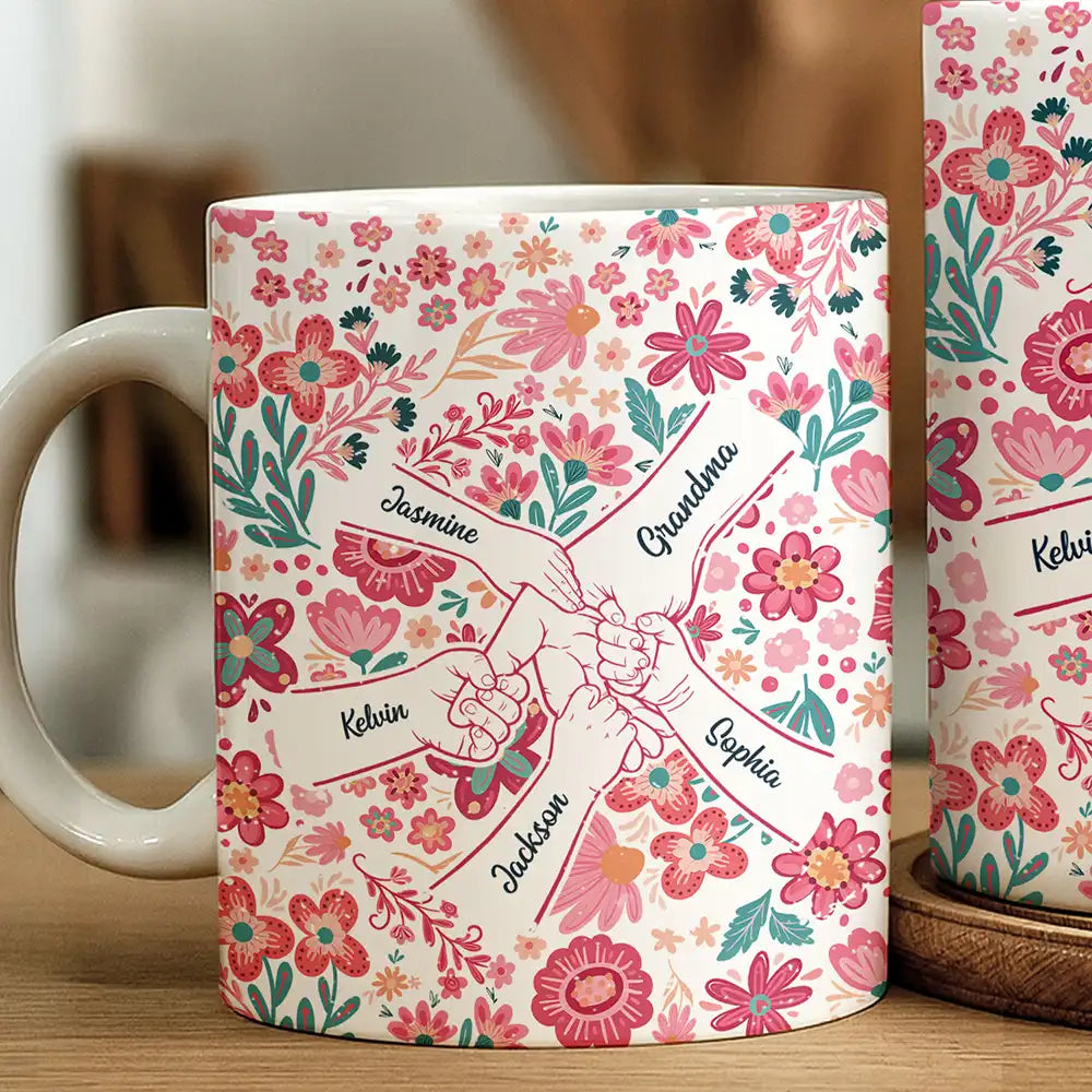 Boho Floral Hand In Hand Grandma Mom - Personalized White Edge-to-Edge Mug