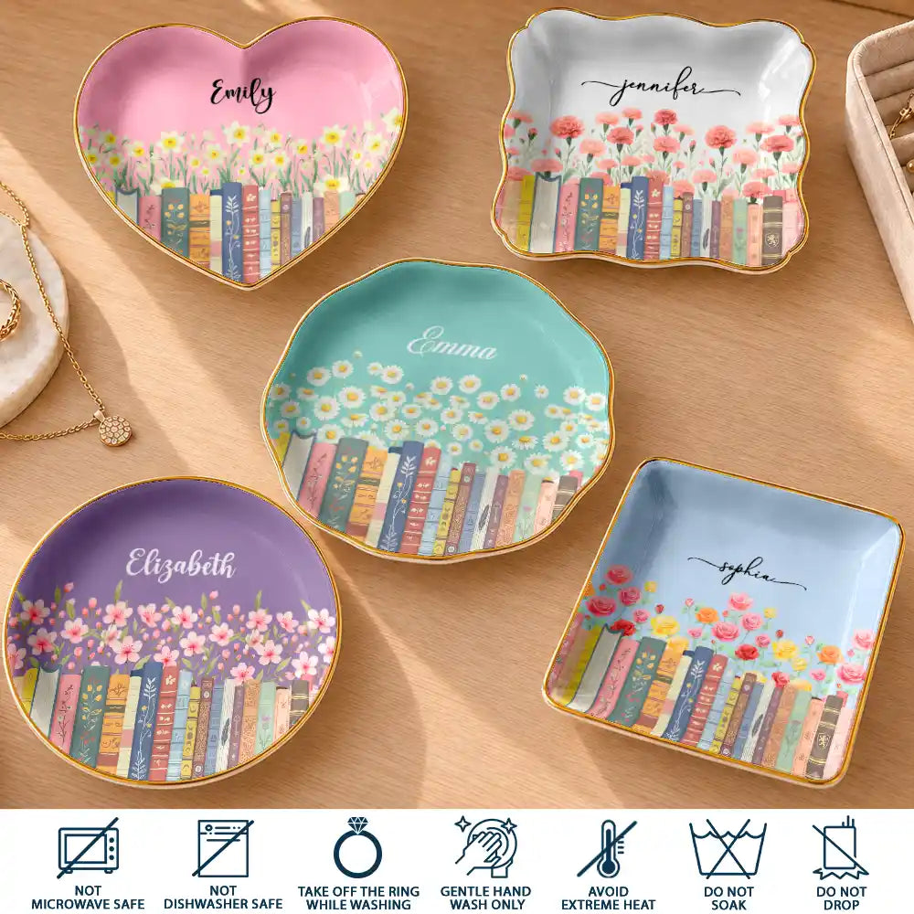 Christmas,Reading,Gift For Yourself,Icon,Happy - Book Lovers Birth Month Flower Keepsake Gift For Her - Personalized Ring Dish